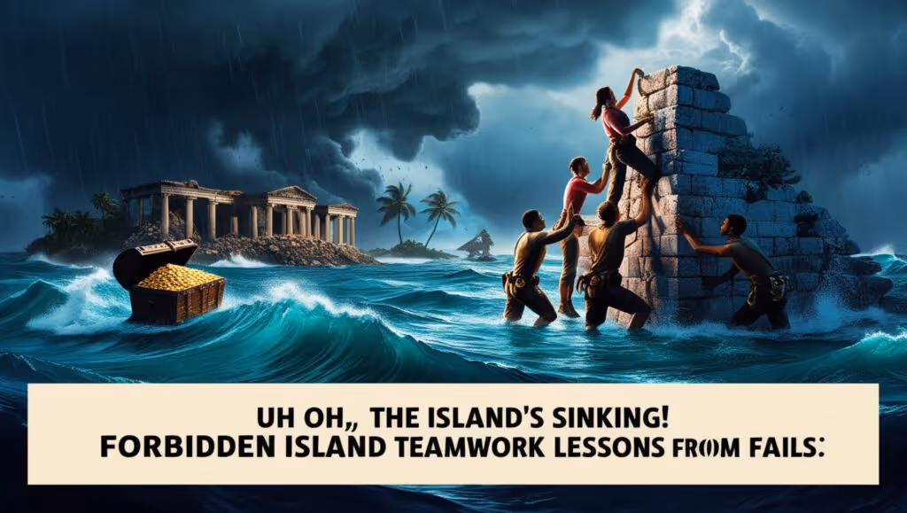 Players cooperating to build a structure in stormy waters, with a treasure chest and a sinking island from the Forbidden Island board game