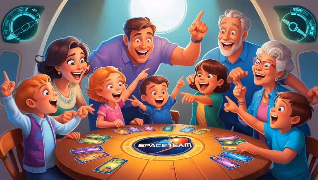 Family playing Spaceteam card game together, pointing at cards