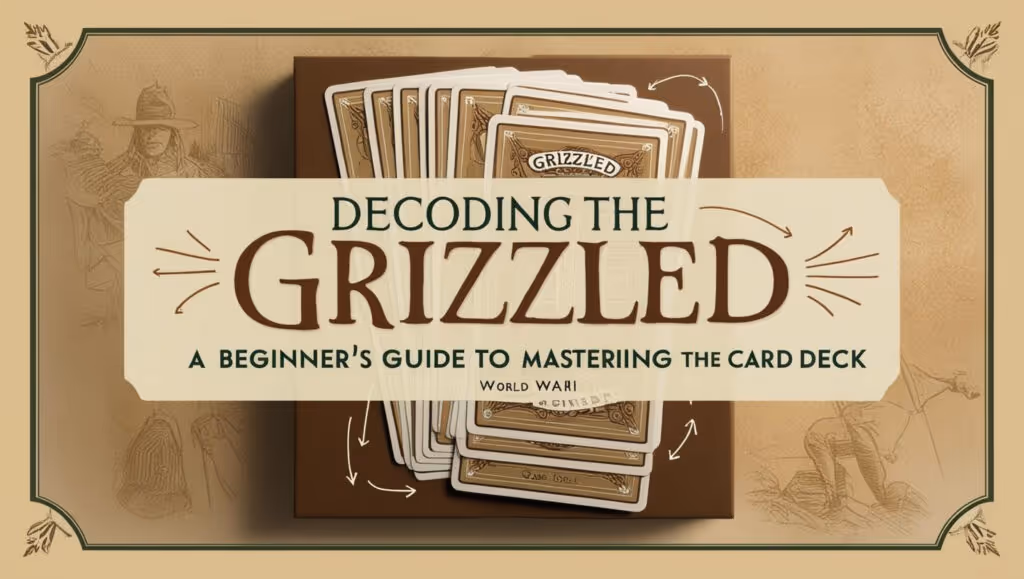 Image of a deck of cards from 'The Grizzled' with the text 'Decoding The Grizzled: A Beginner's Guide to Mastering the Card Deck,' surrounded by illustrations of WWI soldiers