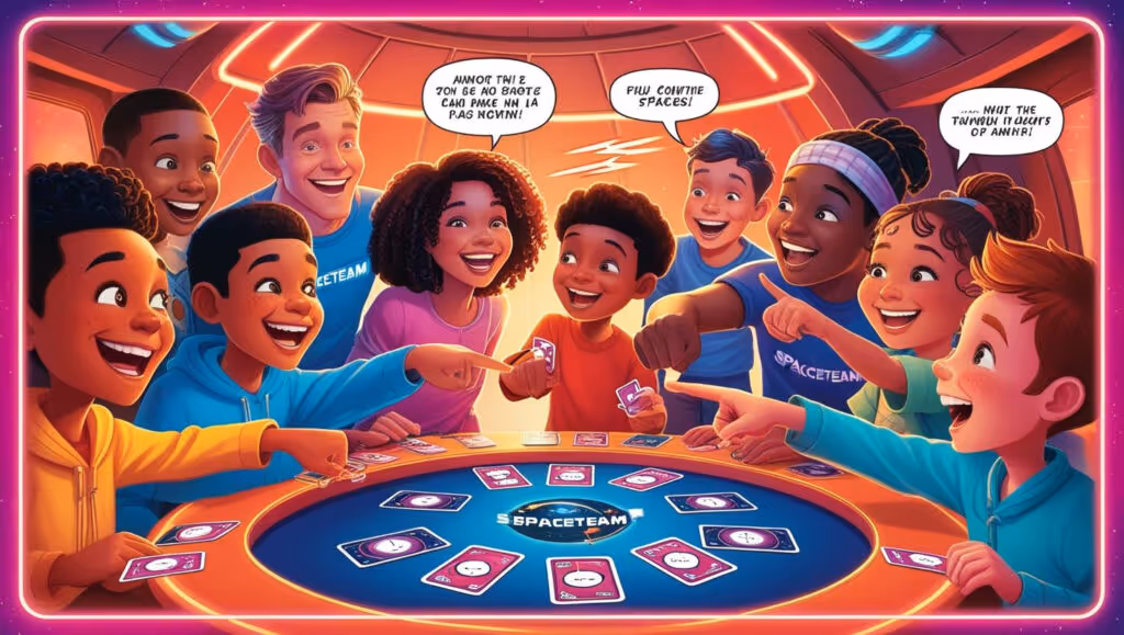 Kids playing Spaceteam card game on a spaceship table