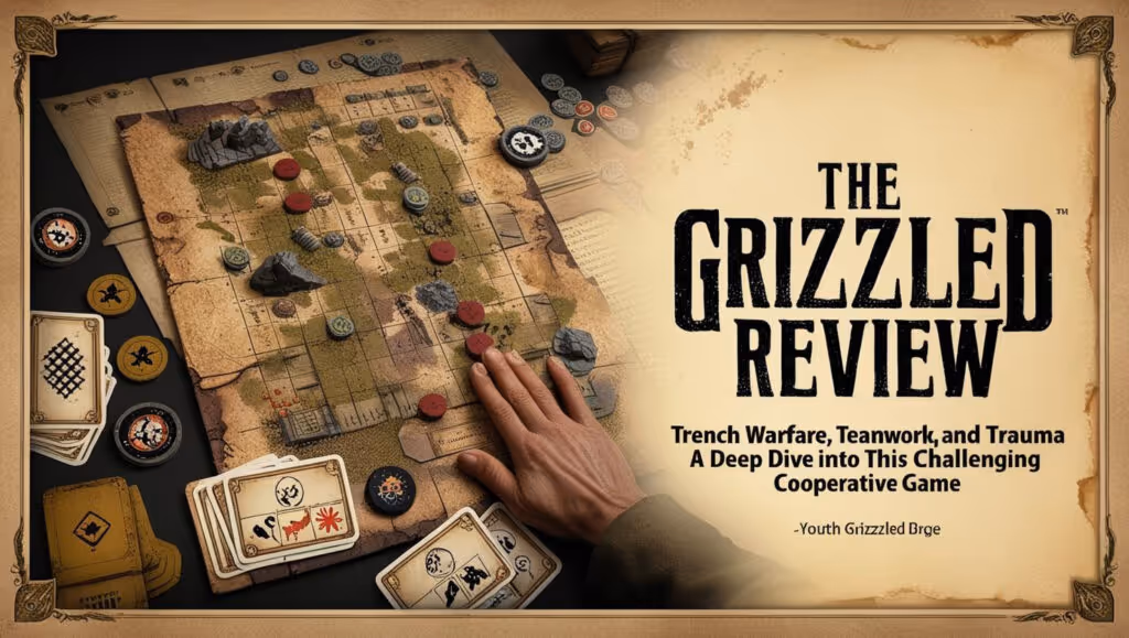 Image of a hand placing tokens on a game board with cards, representing a review of The Grizzled.