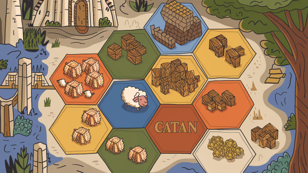 Catan fan art illustration featuring various resource tiles and a sheep token.