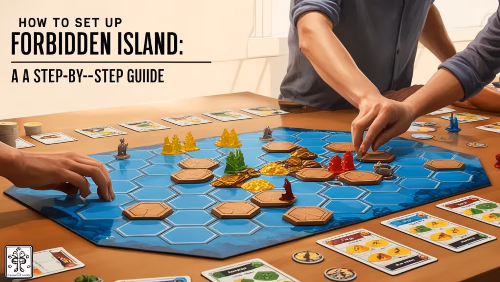Two people setting up the Forbidden Island board game, with game pieces, cards, and tiles arranged on a table.