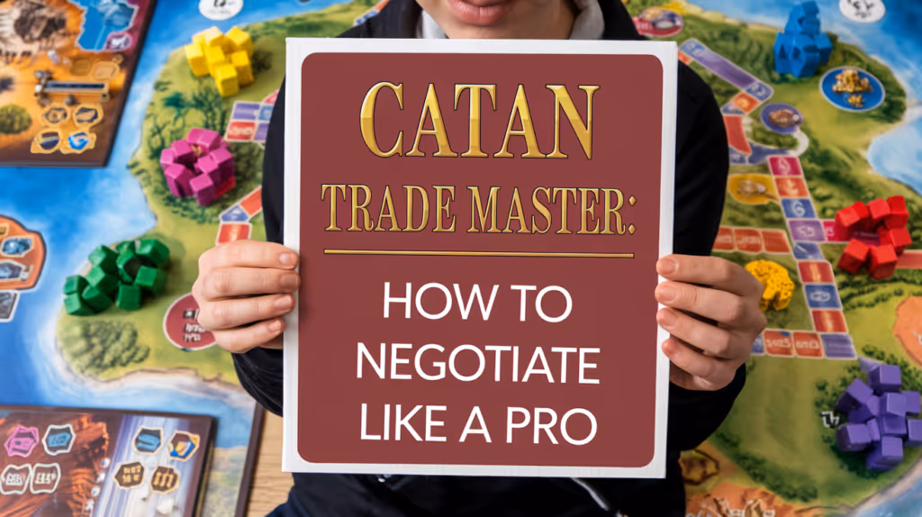 Fan art image of a Catan board game with a sign reading 'Catan Trade Master: How to Negotiate Like a Pro'