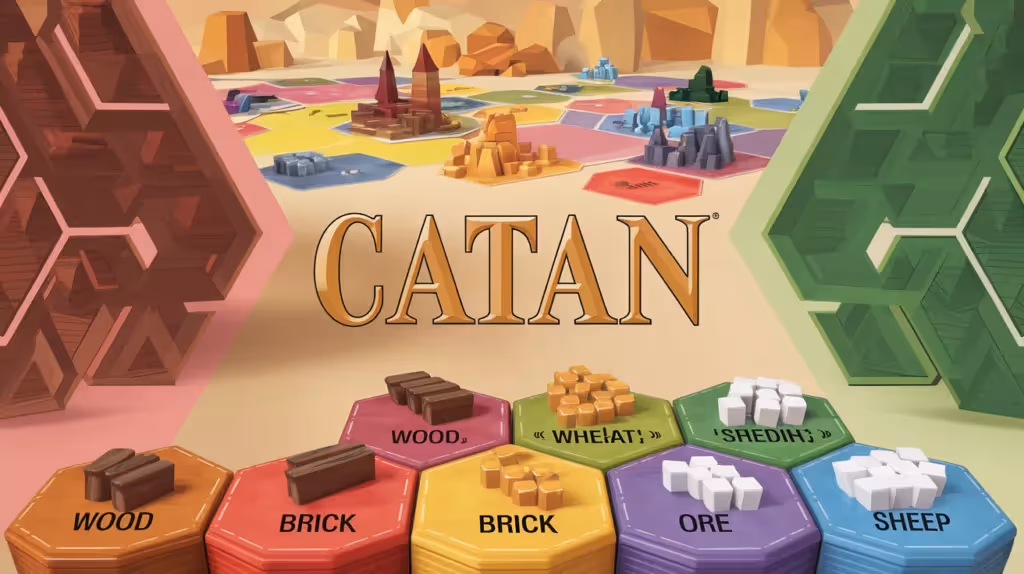 A colorful Catan board game layout with hexagonal tiles featuring resources like wood, brick, wheat, ore, and sheep,