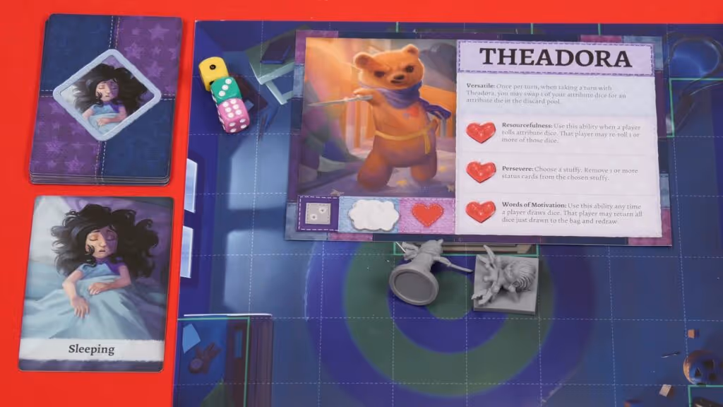 Stuffed Fables board setup showing colorful character figures, storybook game board, dice, and adventure cards arranged for play