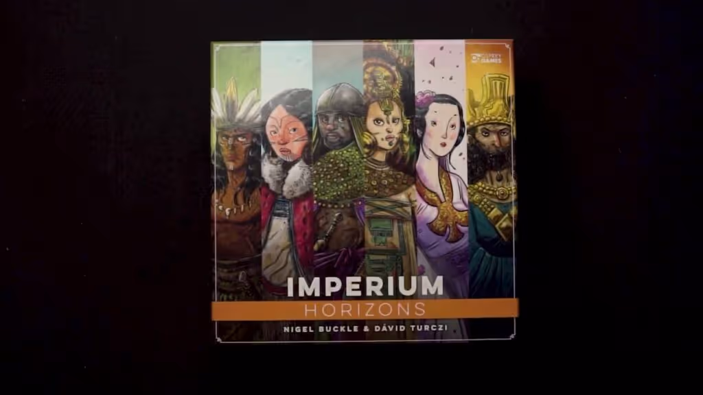 Box of the board game "Imperium: Horizons" featuring diverse historical figures against a dark background.
