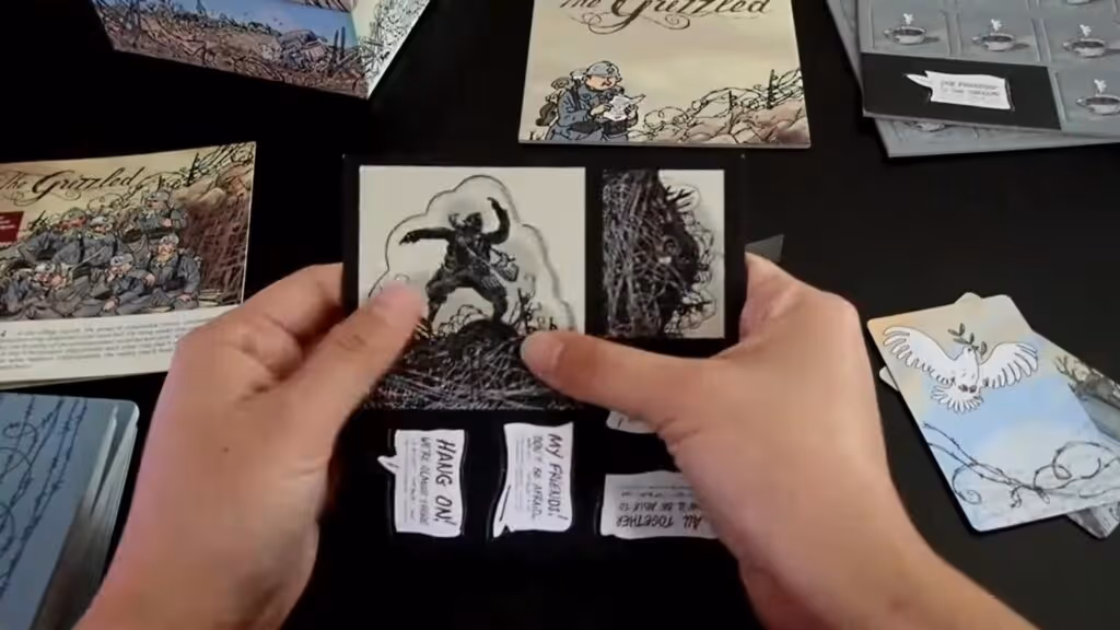 cards from The Grizzled board game, with various game components visible on the table