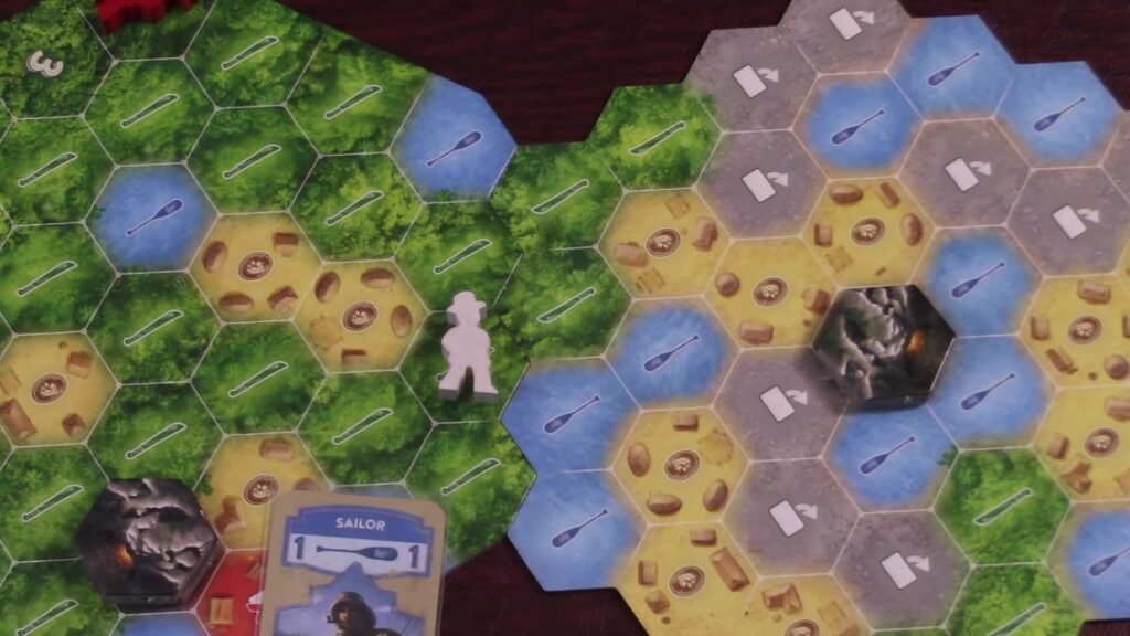 The Quest for El Dorado game board featuring the Sailor card and character tokens on hexagonal terrain tiles.