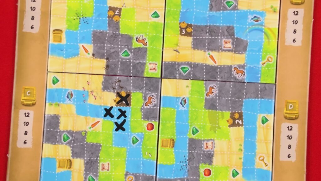 Colorful puzzle pieces from the "Explorers" game, depicting a farm-themed landscape with animals, crops, and tools.