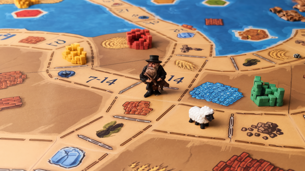 Catan game board with robber and resource cards.