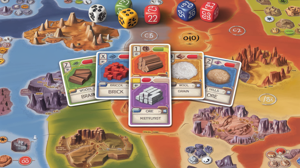 Close-up of Catan ore and wheat cards with a city card and other resources in the background.