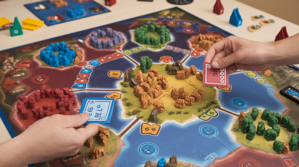 Fan art of players engaged in a game of Catan, placing resource cards on the board.