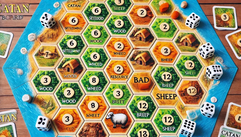 Catan board with two marked settlements; one good (on a 6, 8, and 9 with a variety of resources) and one bad (on a 2, 3, and 12 with all the same resources)