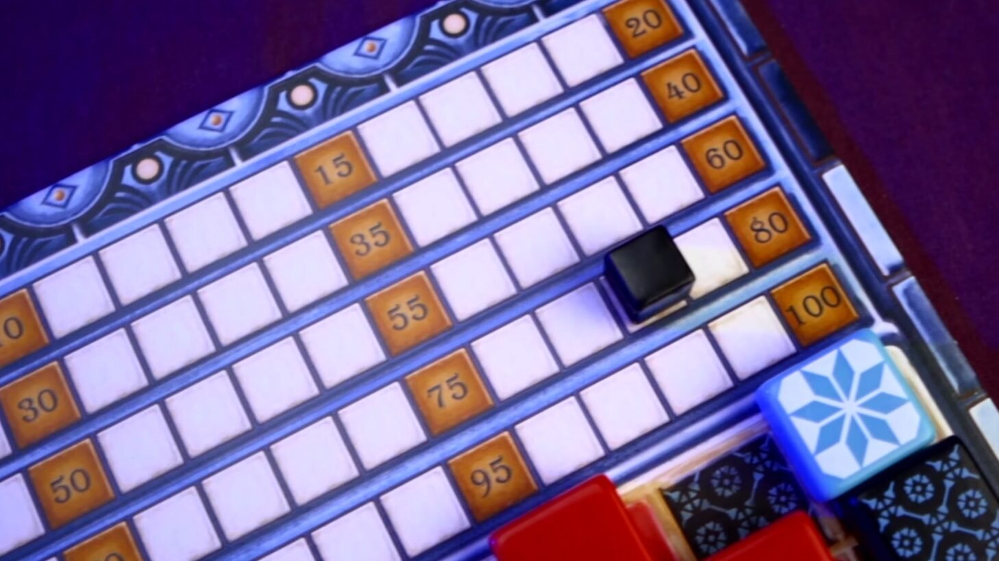 Close-up of Azul board game scoring track, featuring player markers and colorful tiles placed on the board