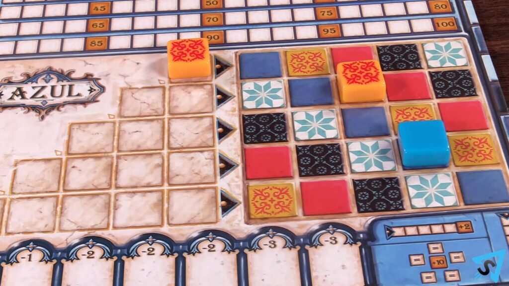 Close-up of Azul board game with player's board and factory displays.