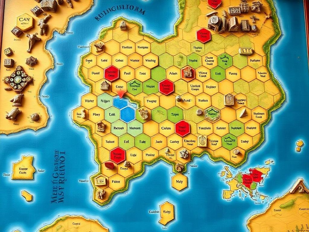 Catan board game map with hex tiles, player settlements, cities, roads, numbered tokens, and a robber piece
