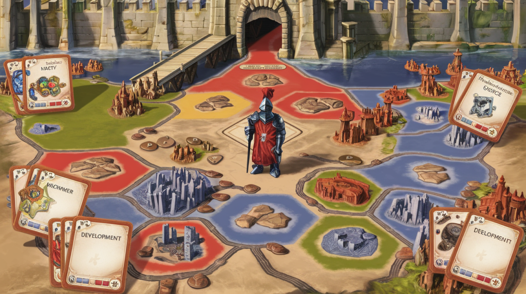 Fan art Illustration of a Catan board game with a knight and various terrain tiles