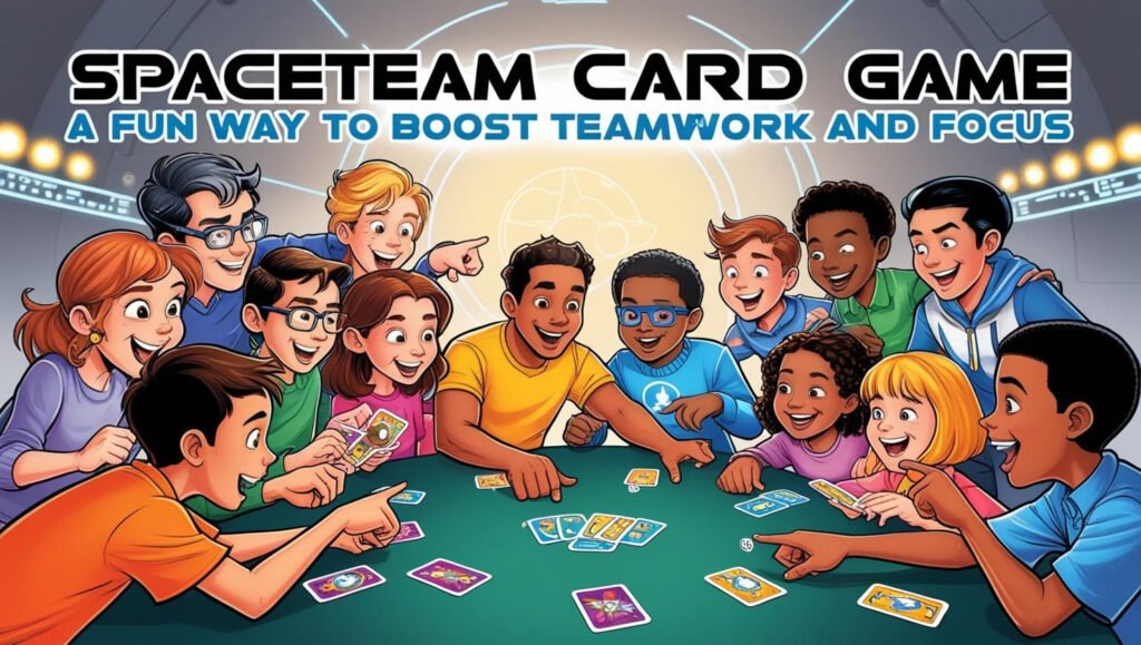 Teenagers playing Spaceteam card game, pointing and smiling.