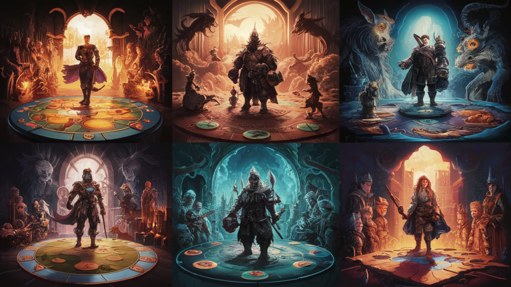 Six illustrations of solo adventurers playing board games in fantastical settings.