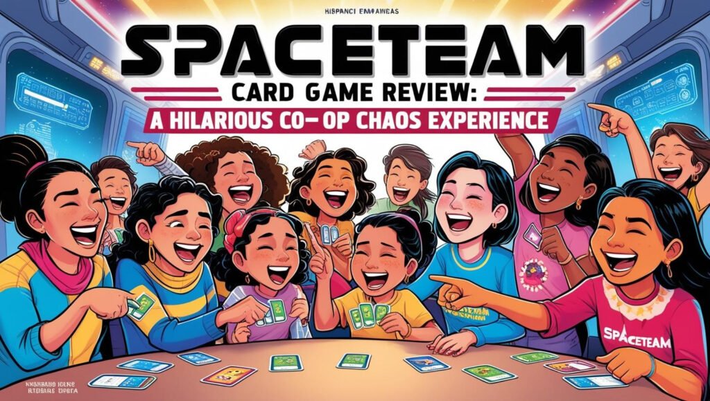 A group of diverse friends laughing and playing the Spaceteam card game together.