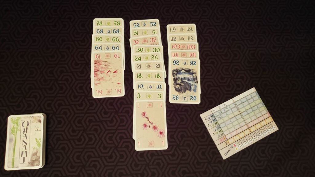 Ohanami card game in progress with three stacks of numbered cards, a scoring sheet, and a deck of cards on a patterned background.