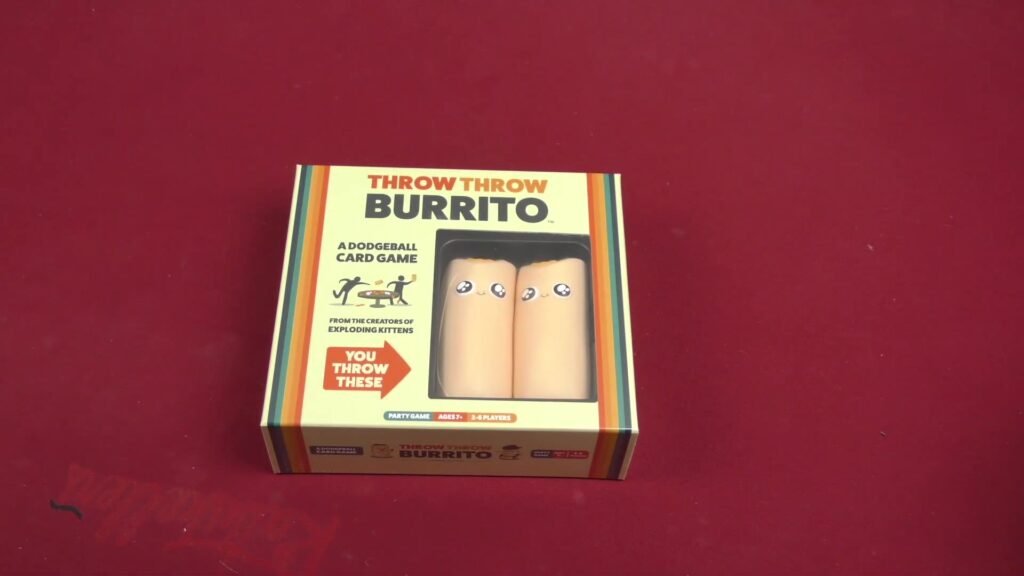 Throw Throw Burrito card game box featuring a playful burrito illustration with googly eyes.