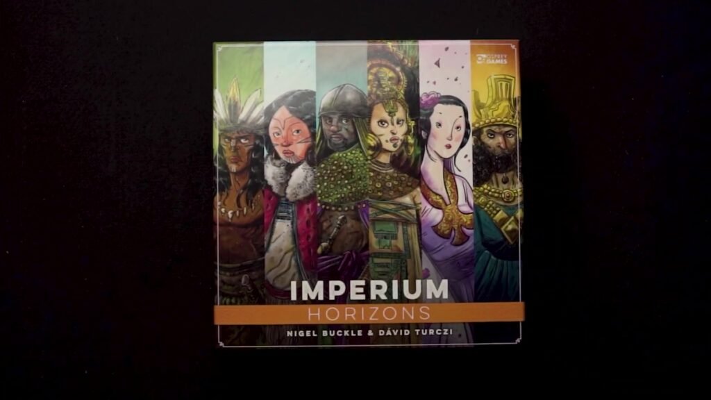 Box of the board game "Imperium: Horizons" featuring diverse historical figures against a dark background.