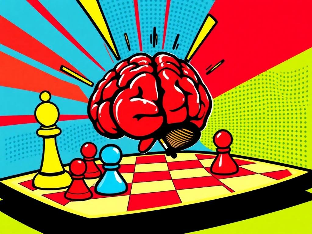 A vibrant illustration of a brain playing a board game, emphasizing cognitive activity.