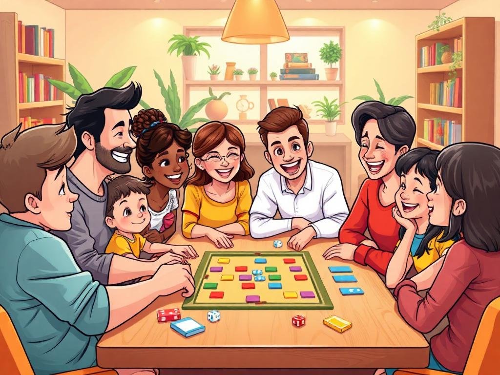 An illustration of a diverse group of people enjoying a board game together, showcasing the social and communicative aspects of gaming.