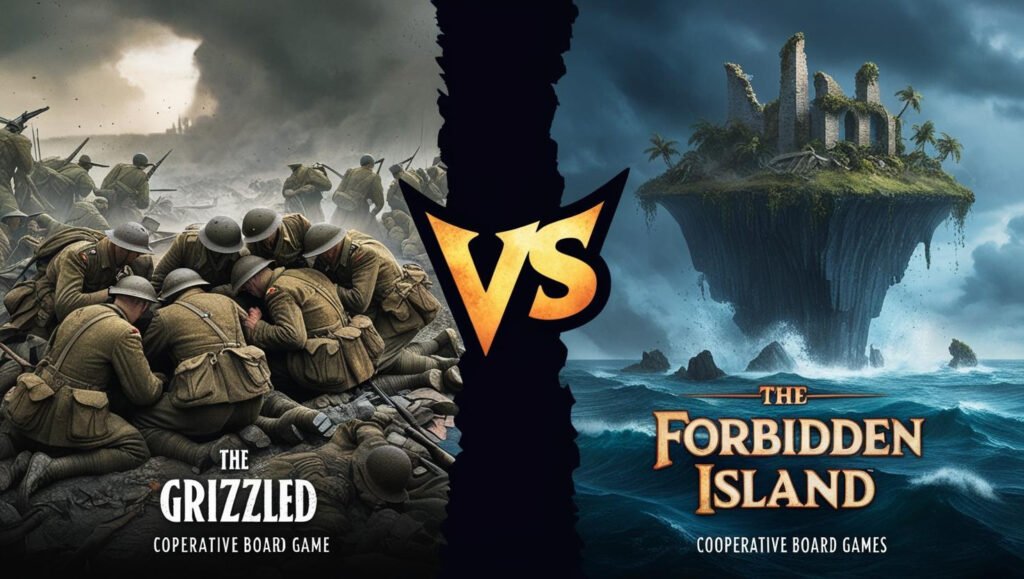 Comparison image of two cooperative board games: The Grizzled and Forbidden Island