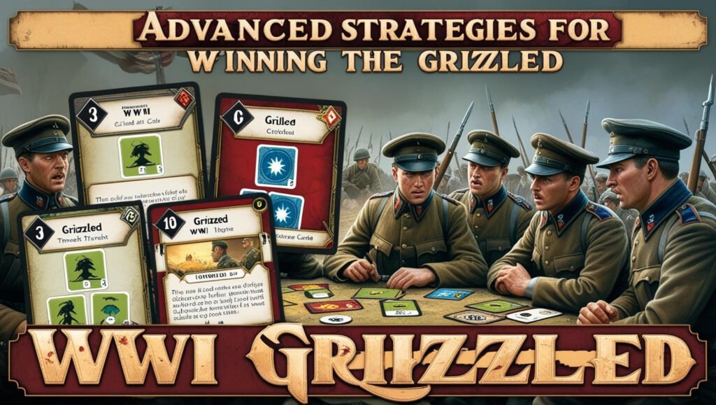 Illustration of soldiers playing The Grizzled with cards showing advanced strategies for winning