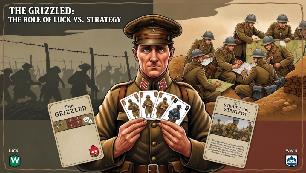 Illustration of a World War I soldier holding playing cards, with other soldiers strategizing in the background. Text reads: 'The Grizzled: The Role of Luck vs. Strategy.'