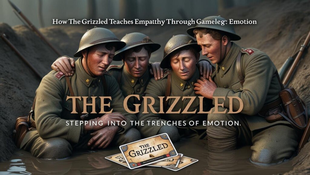 Illustration of four World War I soldiers huddled together in a trench, with the text 'How The Grizzled Teaches Empathy Through Gameplay: Stepping into the Trenches of Emotion.'