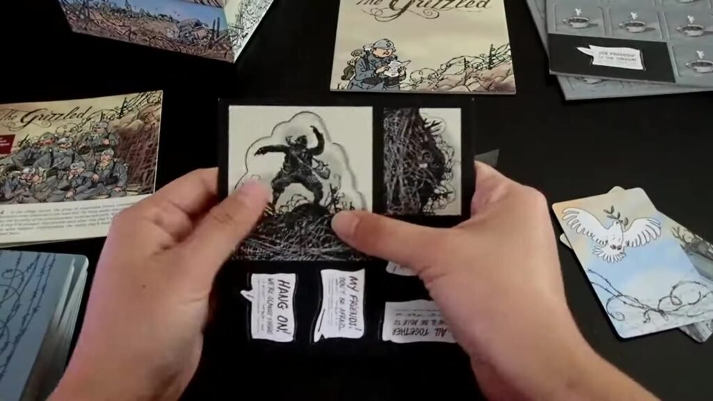 cards from The Grizzled board game, with various game components visible on the table